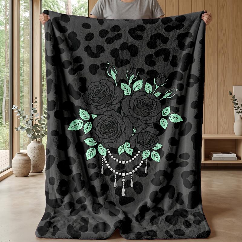 Leopard Roses and Bow Theme Blanket Lightweight Warm Flannel Blanket Decorative Throw Blanket for Home Decoration