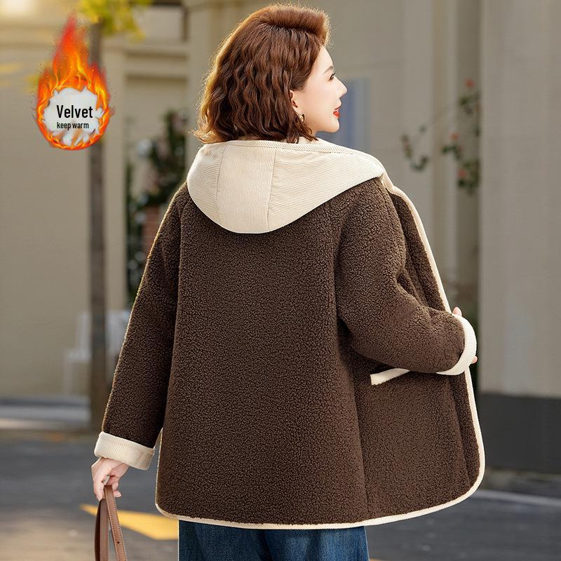 

Stylish Winter Coat with Fleece Lining, Thick Cotton Padding, and Warm Lambswool Hood for Middle-Aged and Elderly. Perfect for Autumn and Winter. 5XL (150-165 lbs) кофейный