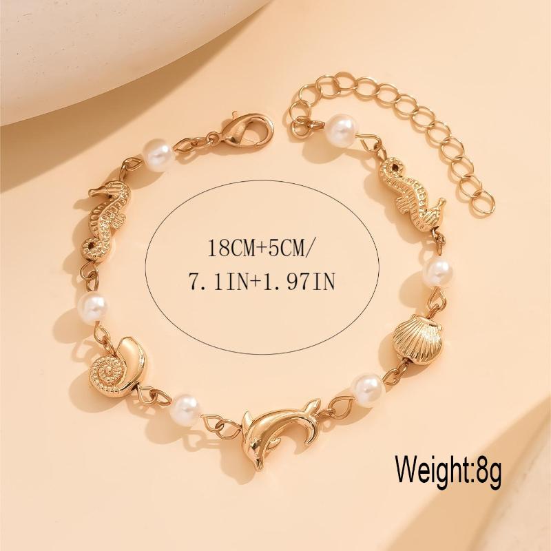 Bohemian Fashion Dolphin Conch Imitation Pearl Bracelet, Women's Beach Vacation Style Holiday Accessory Gift