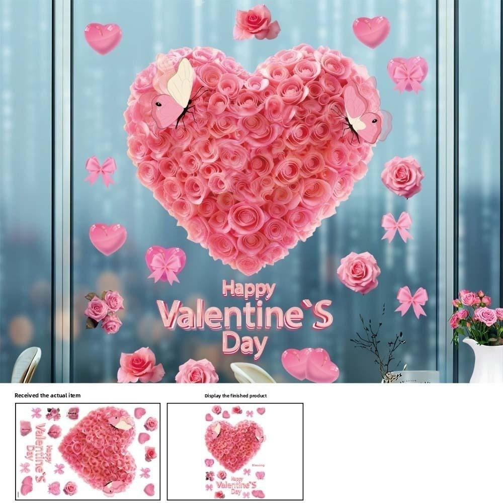 PVC Valentine's Day Window Stickers Love Heart Balloon Shape Pink Red Flower Rose Love Heart Window Decals DIY Waterproof