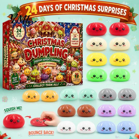 Christmas Party Favors Cartoon Dumpling Gift Box, Xmas Advent Calendar with 24 Stress Countdown Relief Squeeze Toys, Days Steamed Bun Toy Box