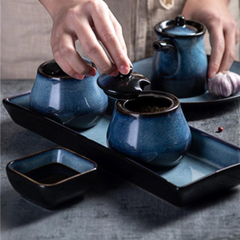 Japanese-style Ceramic Seasoning Pot Household Creative Kitchen Oil Salt Sugar Monosodium Glutamate Condiment Box Oil Pourer