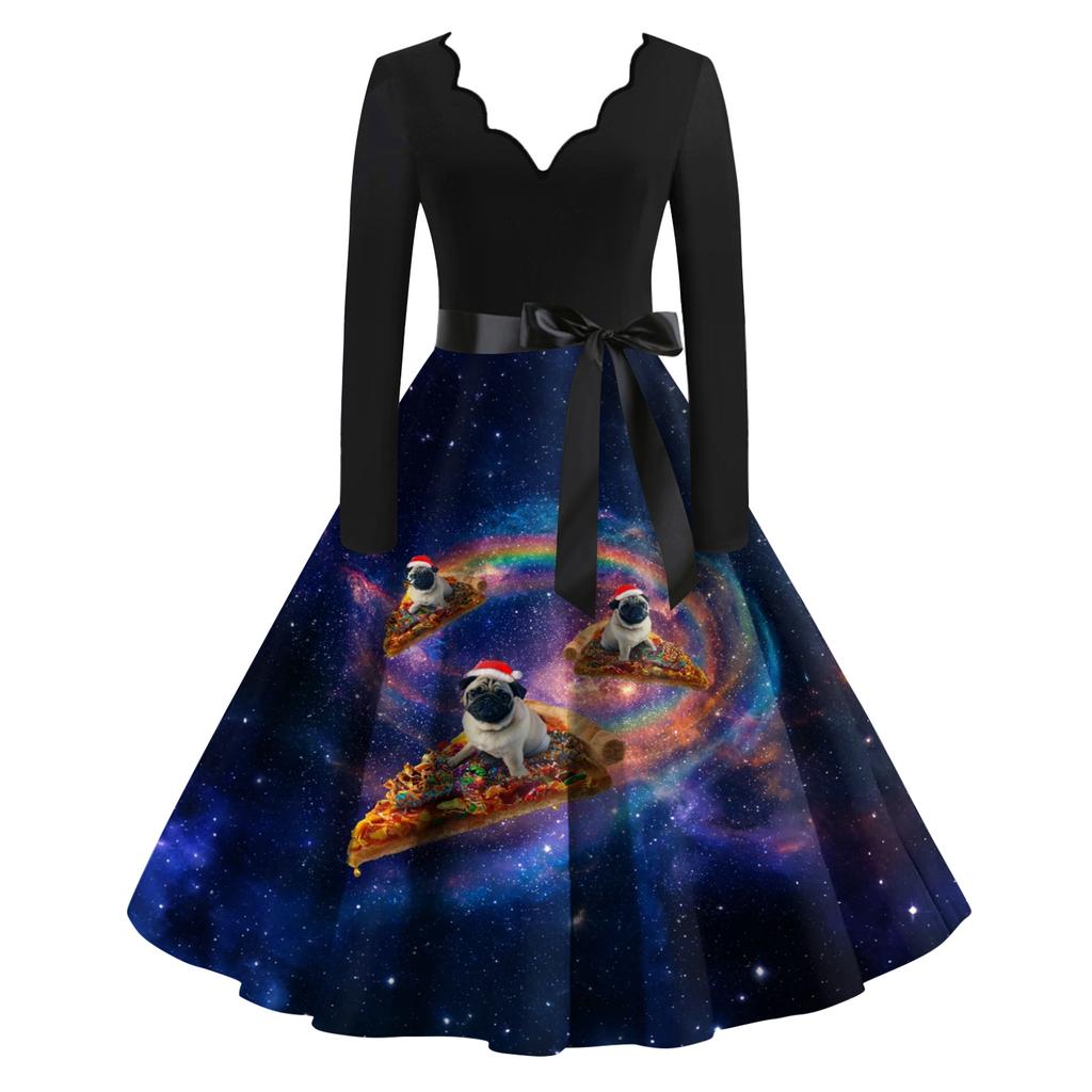 Damen Lässig Und Modisch V-Ausschnitt Langärmlig Weihnachten Bedrucktes Kleid