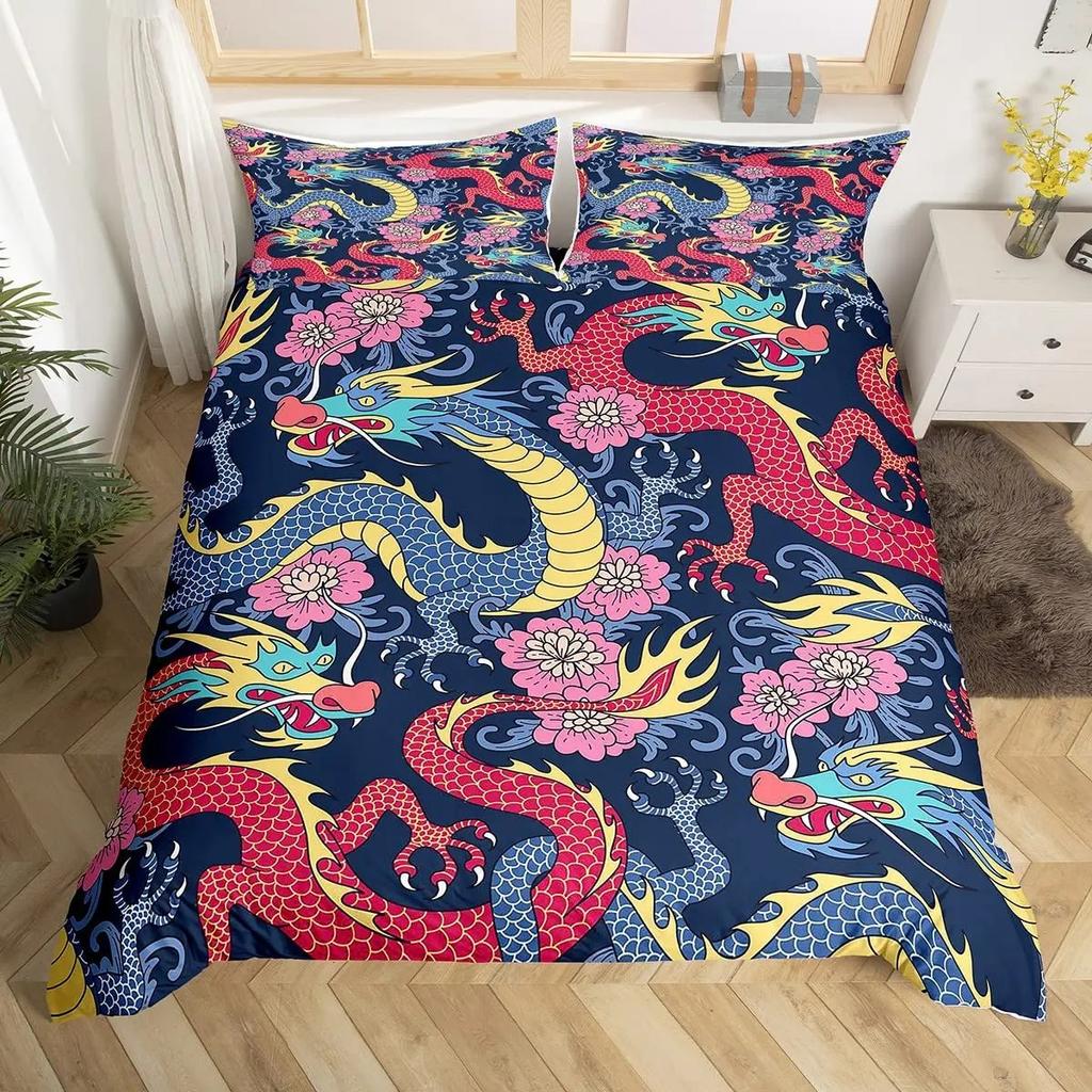 Boys Dragon Comforter Cover Queen Queen Full Size Colorful Dragon With Wing Bedding Set Trippy Magical Animal Duvet Cover Set