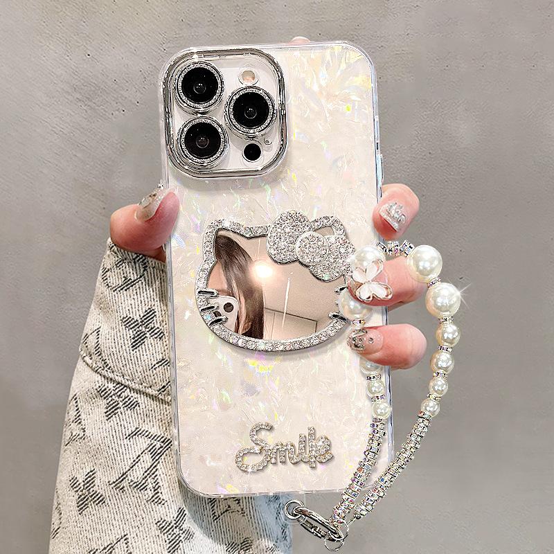 Cat mirror bracelet is suitable for Apple 16promax mobile phone case, advanced sense, light luxury three-dimensional girls