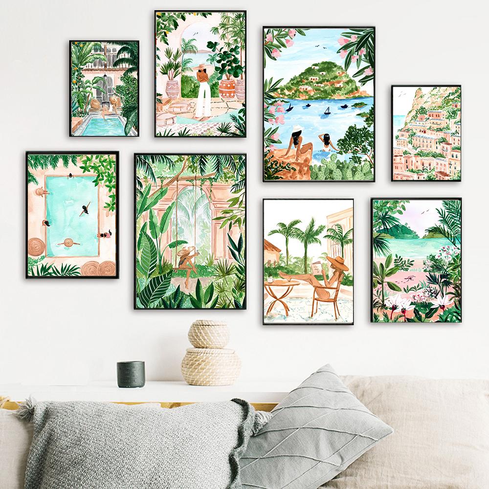 

Summer Swimming Pool Party Wall Art Print Tropical Plant Travel Picture Spa Girl Canvas Painting Nodic Poster Living Room Decor 21x30cm No Framed