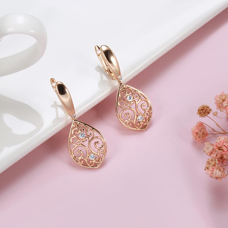 New Rose Gold Natural Zircon Drop Earrings For Women Hollow Flower Ethnic Bride Vintage Jewelry Crystal Gift
