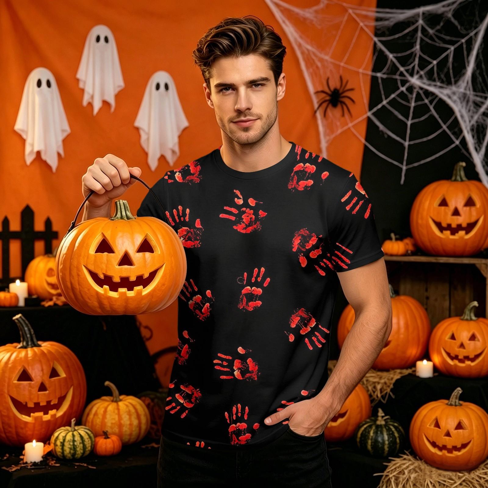 Men s Halloween Printed Neck Short Sleeve T-Shirt Fashion Top L