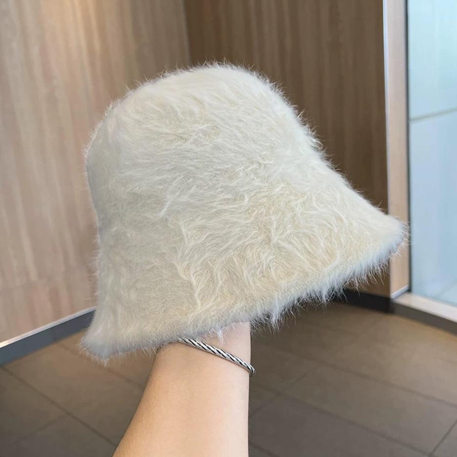 Rabbit fur bucket hat women's autumn and winter plush hat big head circumference showing small face warm hairy hat bucket hat