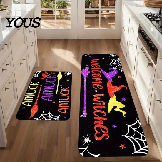 Indoor Entrance Mat 2Pcs/Set Halloween Kitchen Rugs, Anti Slip Absorbent Floor Mats, Pumpkin Black Cat Ghost Designs, Decorative Rugs for Living