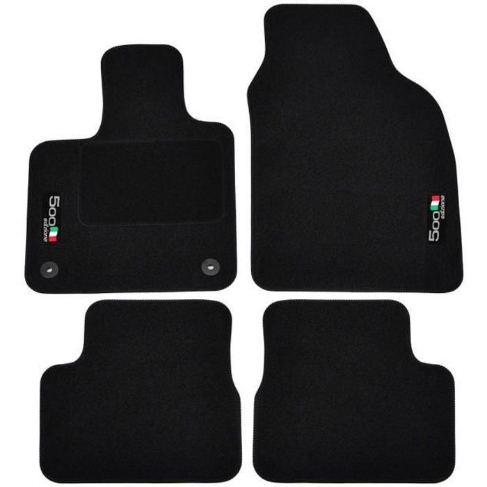 Tapis De Sol - Logo - Fiat 500e - Velours Noir - 4 Pièces - Antidérapant Et Imperméable