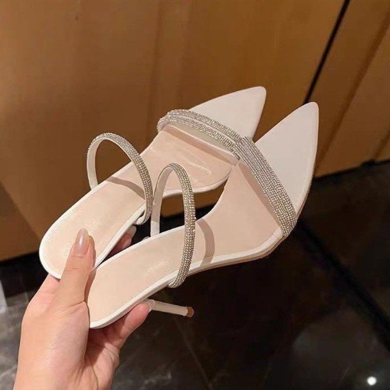 Stunning Black Strap Diamond Open Toe Ultra High Heel Slippers Pointed Toe Thin Heel Fashionable Outdoor Sandals for Women