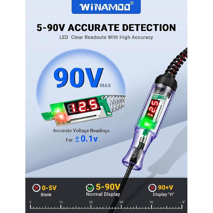 Test Light Automotive 5-90V Digital LED Circuit Tester With Voltage Display, Auto Bidirectional Voltage Tester, Electric Test Pen With Extended