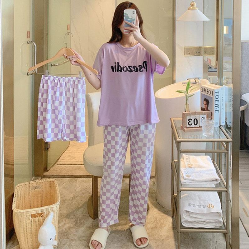 3PCS/Set Sexy Nightwear Women Letters Plaid Print Silk Pajamas Girl Sleepwear Round Neck Loungewear Ladies Casual Soft Home Wear