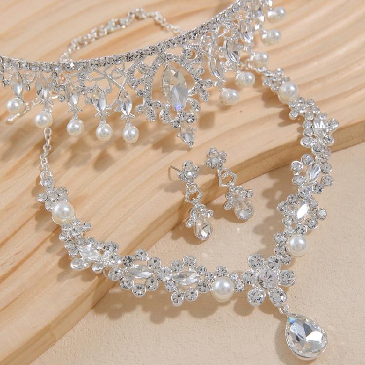 Elegant Evening Accessories Set Crystal Hair Crown Drop Earrings Pendant Necklace Wedding Headpiece for Daily Party