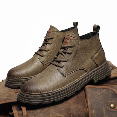 Mode Rutschfeste Leder Herren Stiefeletten Mode Schnür-Sneakers Herren Lässig Einfarbig Motocross Stiefel Klassischer Retro-Stil Herren Botas