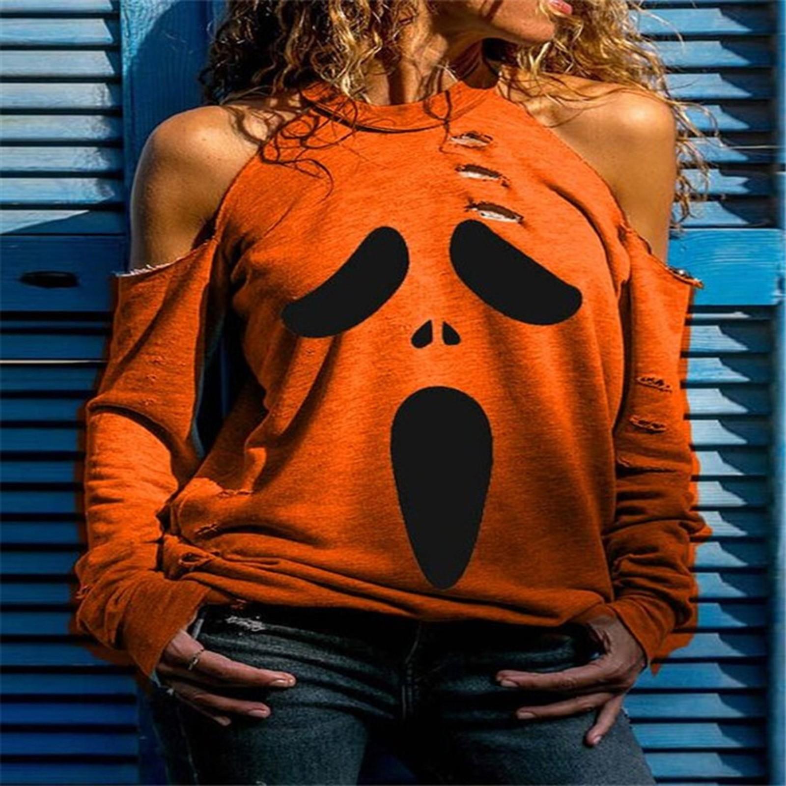 Women s Color Off-the-shoulder Broken Hole Casual Printed Long-sleeved XXL оранжевый