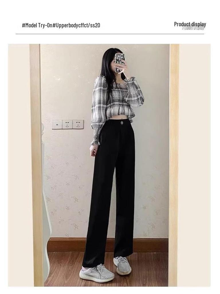 2024 Women's High-End Black Wide-Leg Spring Trousers: Drapey, High Waist, Casual, Straight-Leg Long Pants