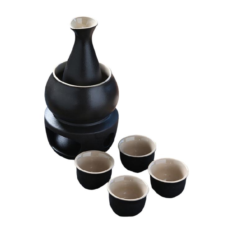 Japanese Drinking Set Contains Heat Resistant Sake Carafe Bottle 4 Cups Warmer Candle Stove Birthday Housewarmings Gift