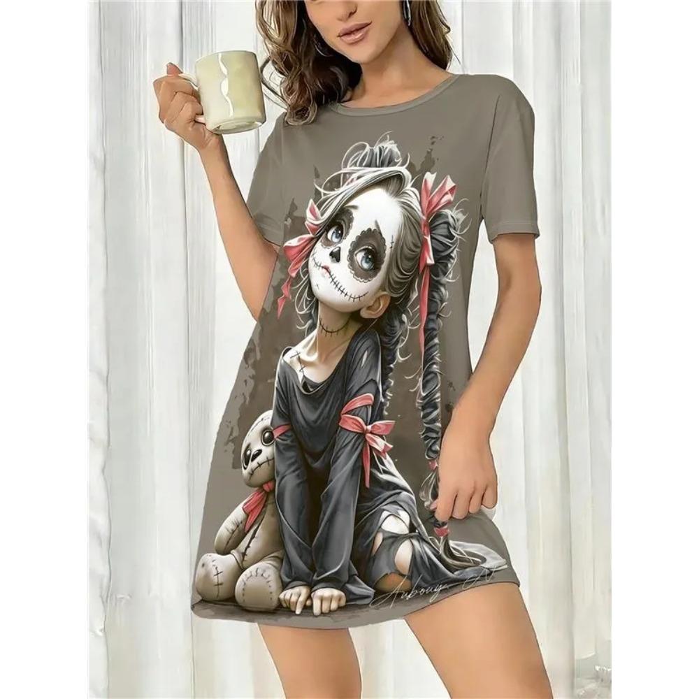 Summer Fashion Comfortable Breathable Round Neck Short Sleeved Dresses Women Cartoon Cute Portrait 3d Print Plus Size Loose Dresses