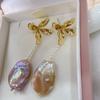 Estilo Fineins, brincos naturais grandes barrocos coloridos de pérola de cobre, brincos longos de temperamento, brincos de destaque de luxo leve