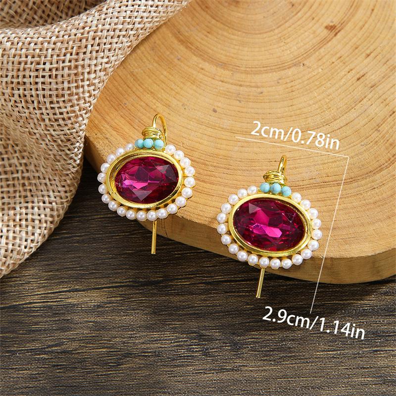 

Fashion Oval Inlaid Red Stones Earrings Exquisite Creativity Metal Gold Color Imitation Pearl Dangle Earrings for Women
