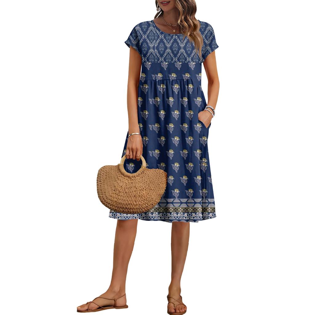 Women's Summer Fashion Casual Round Neck Short Sleeve Vintage Print Dress