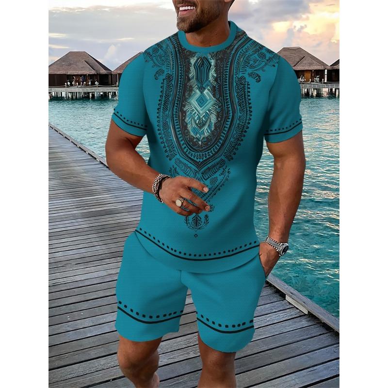 Retro Men's T-shirt And Shorts Set 3D Ethnic Pattern Casual Round Neck Short Sleeve Drawstring Shorts Beach Sports Set