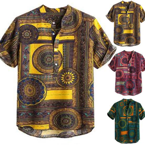Summer Men Color Block Ethnic Geometry Print Short Sleeve Buttons Pullover Shirt