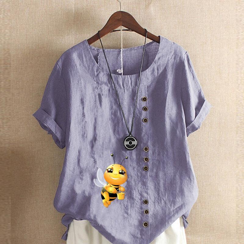 Damenmode T-Shirt mit Honigbienen-Print, Rundhalsausschnitt, kurzärmelig, lässig, Baumwolle, Leinen, Grafik, Freizeit, lockere Sommerbluse