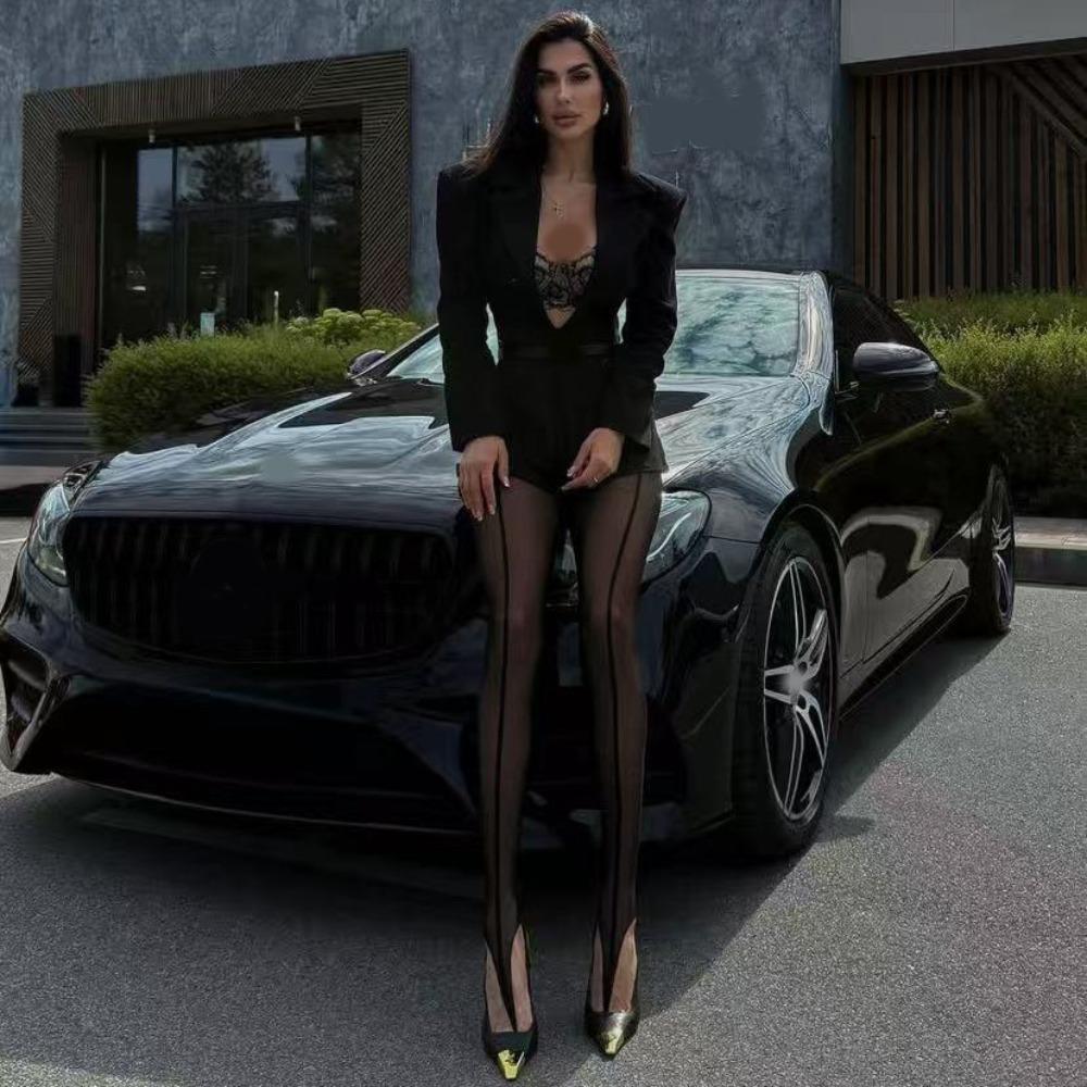 Asymmetry High Pantyhose Personality Vertical Line Tights Fashion Hottie Sexy Tights Women