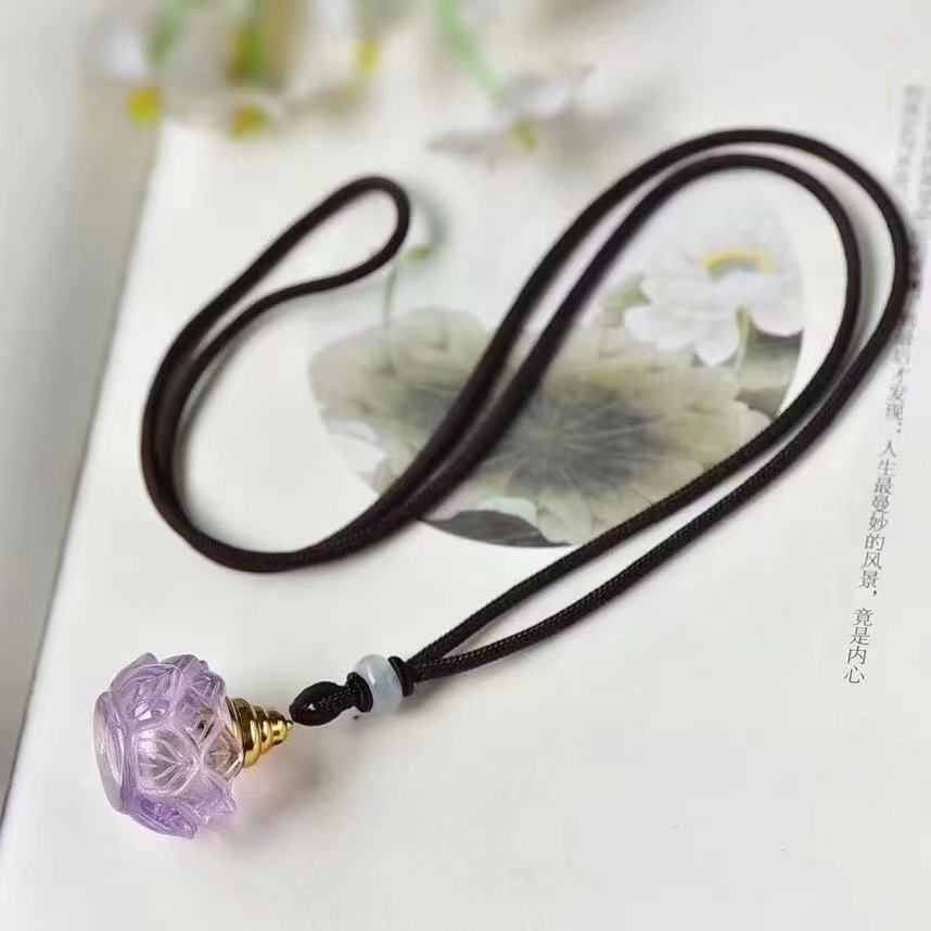 Natural Amethyst Lotus Gawu Box Relic Bottle Pendant Necklace, Wishing Bottle Lotus Flower