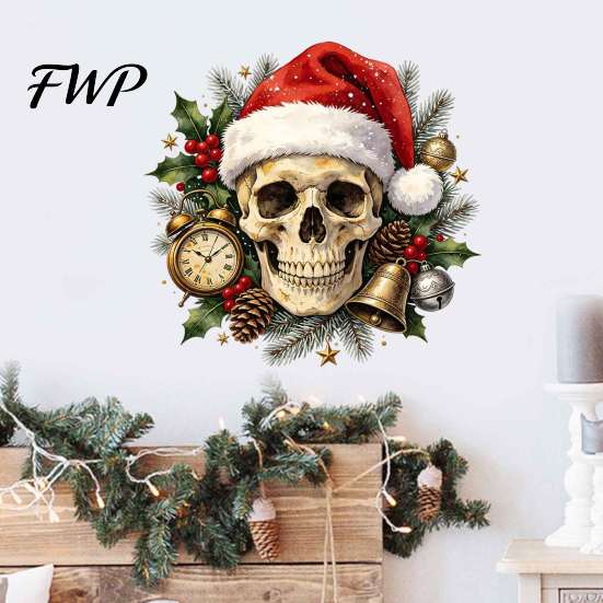 Holiday Window Clings for Glass Christmas Skull Wall Decal, Removable PVC Sticker with Santa Hat Rose Party Decor Design, Dark Bedroom Living