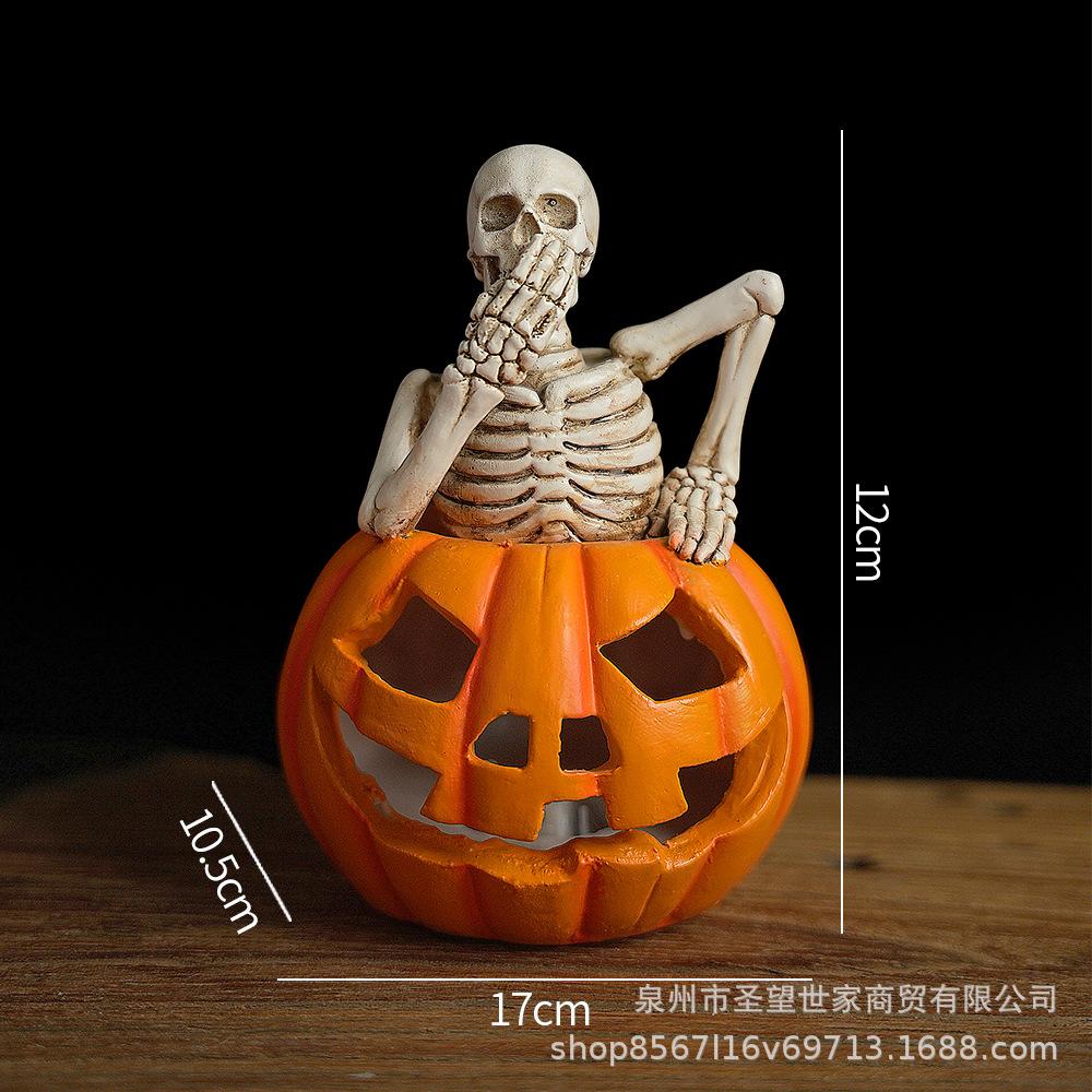 Resin Handicrafts Cartoon Halloween Skull Statue Skeleton Sculpture Hollowed-out Pumpkin Home Decoration Accessories