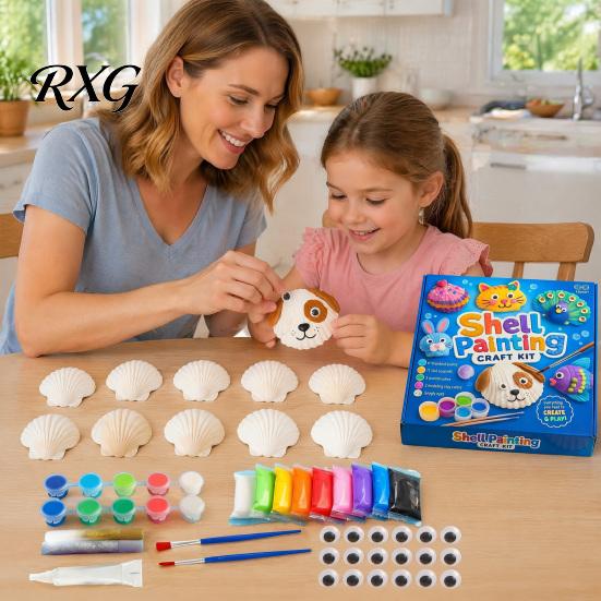 Children Shell Painting Kit 1/2 Sets DIY Craft Kit, with Natural Shells, Modeling Clay, Pigments, Art Glue, Eyes, Handmade Seashell Crafts Supplies