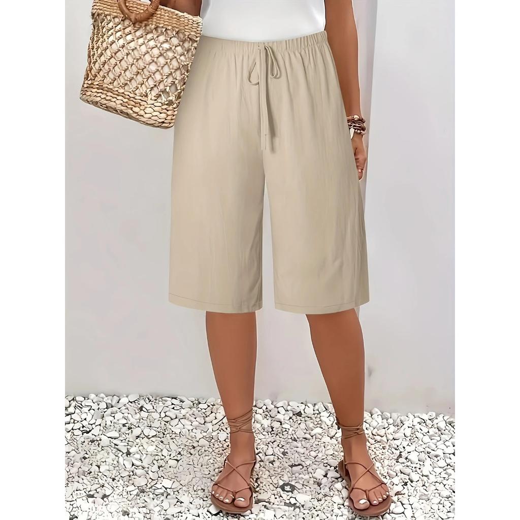 Damen Mid-Rise Kordelzug Bermuda Shorts Locker Basic Pendler Polyester Caprihosen