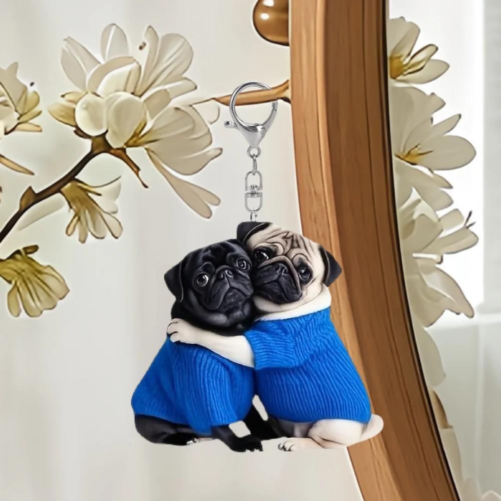 Hugging Pug Each Other Pendant Keychain,Puppy 2D Flat Acrylic Ornament Charm,Hanging Decoration for Car,Bags,Festive,Party,Gift