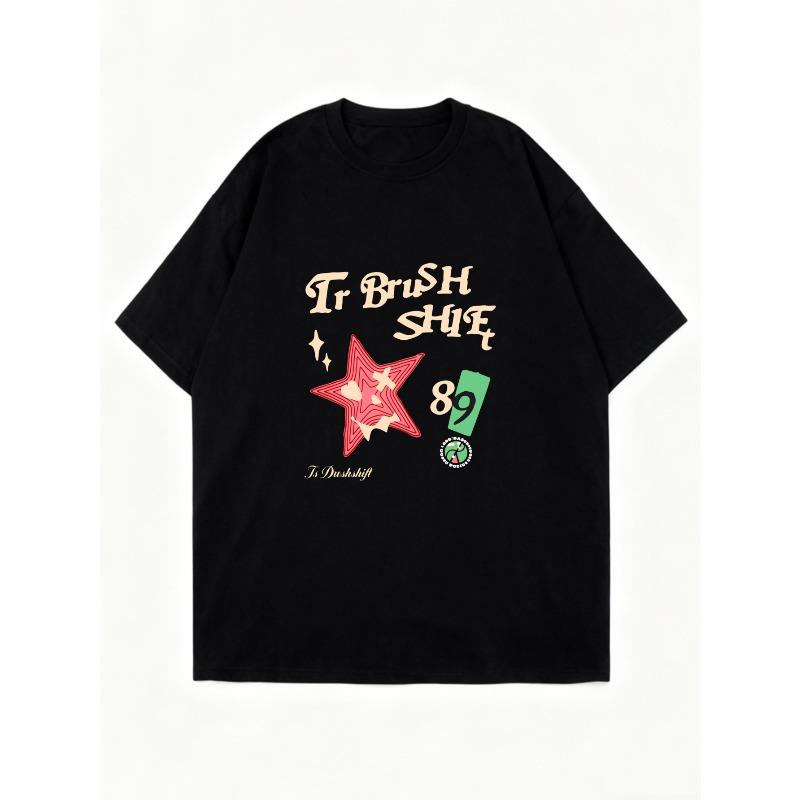 Oversized T Shirt Black Tr Brush Star 89 Graphic Print Casual Wear For Women Street Style Fashion Top Summer Outfit