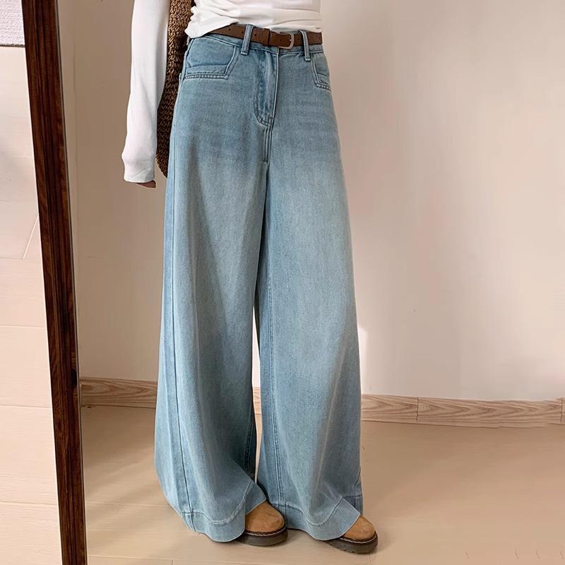 Women's Light Blue Wide Leg Jeans - Plus Size, Pear Shape, Slimming, Spring Season, Hip Covering