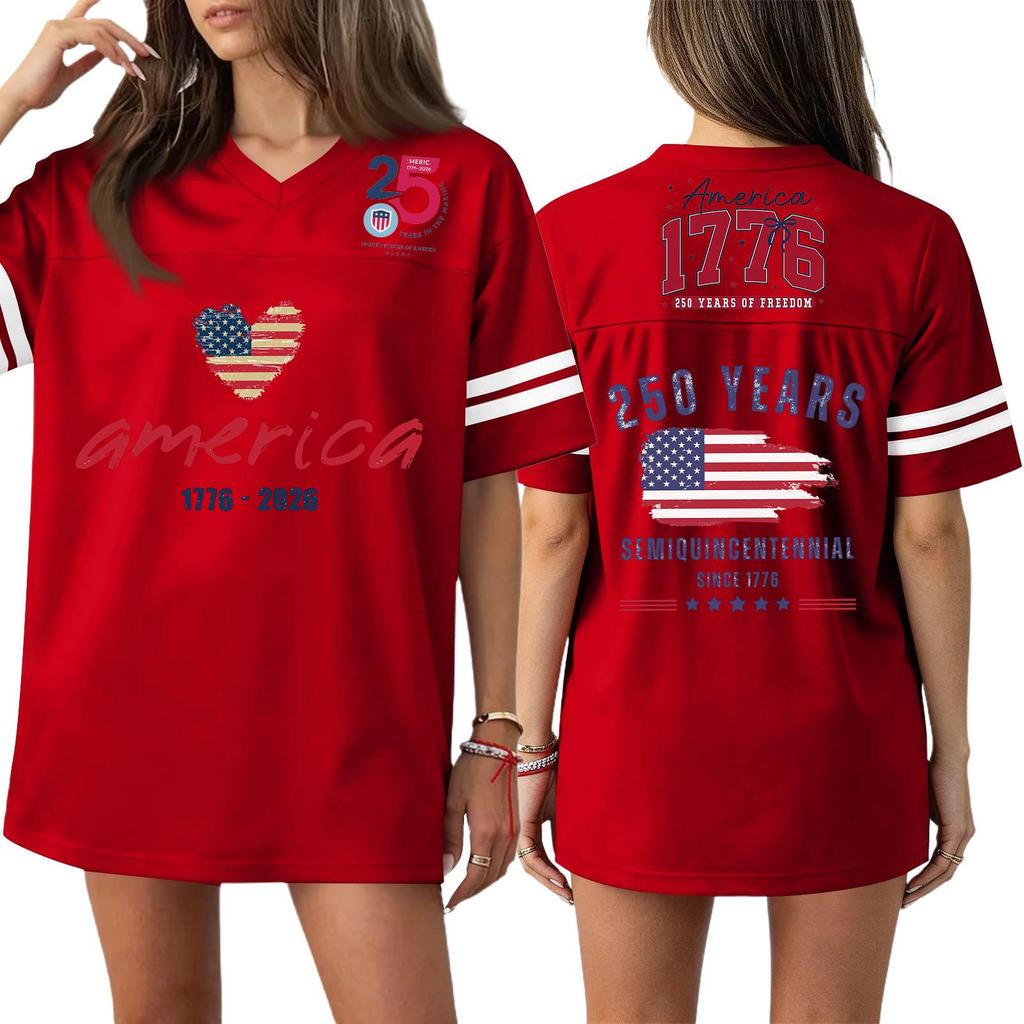 Damska Codzienna Modna Koszulka Sportowa z Dekoltem V z Nadrukiem na Dzień Niepodległości Krótkim Rękawem Top