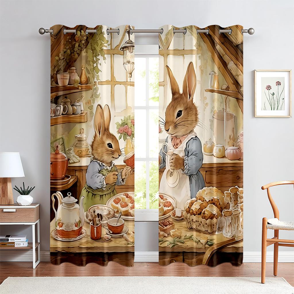 2PCS Cute Bunny Pattern Printed Curtains, Animated Cartoon Easter, Kids Room Rod Pocket Decoration Curtains, Holiday Gifts