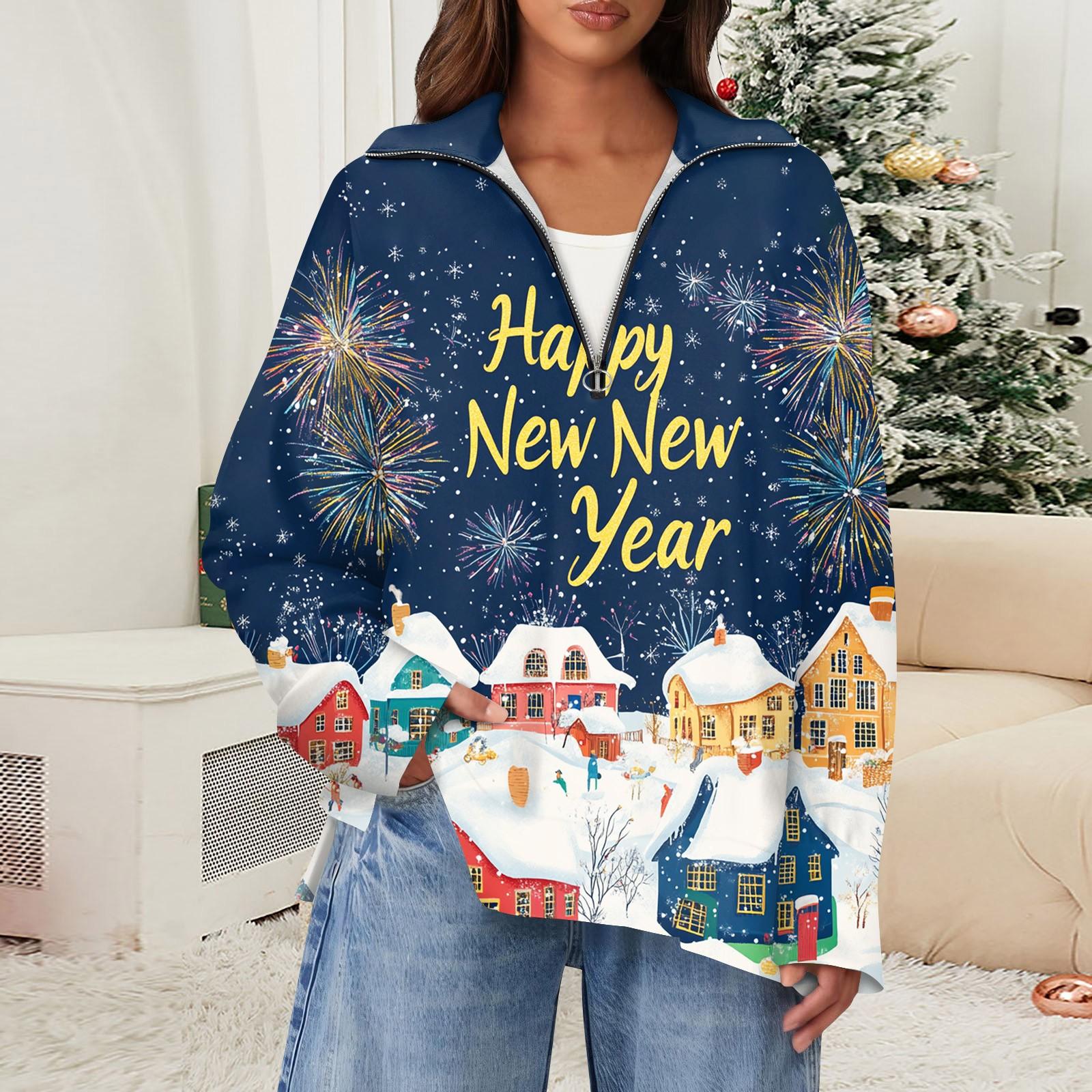 

Женский повседневный свитер с отворотом на молнии и рождественским принтом, с разрезом сверху и сбоку, модная одежда M тёмно-синий