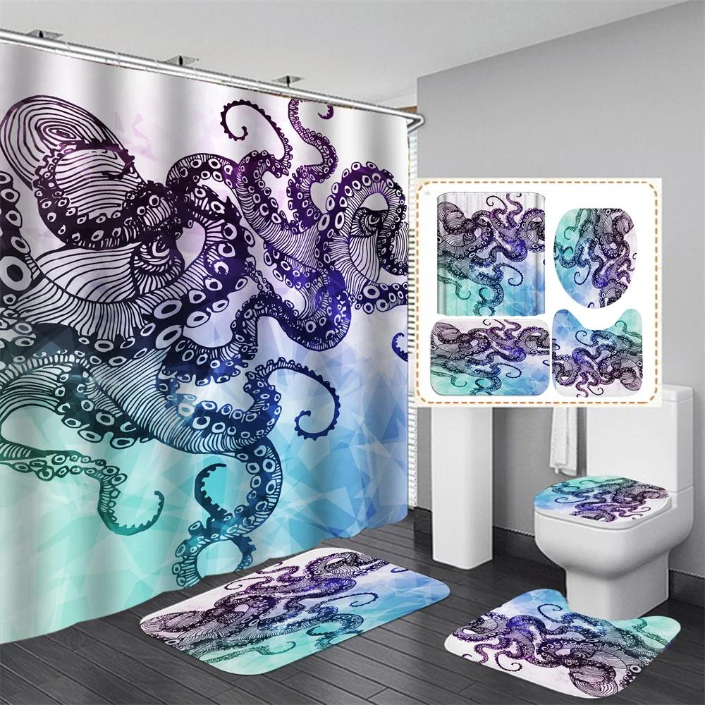Ocean Monster Octopus Print Shower Curtain Set Waterproof Bathroom Curtain Set With Rugs Toilet Cover Mat For Bathroom Decor