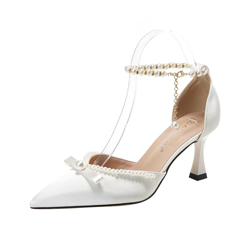 Fashion French Bridal Wedding Shoes New Design Hollow High Heels Pearl Chain Bowknot Sandals for Bride