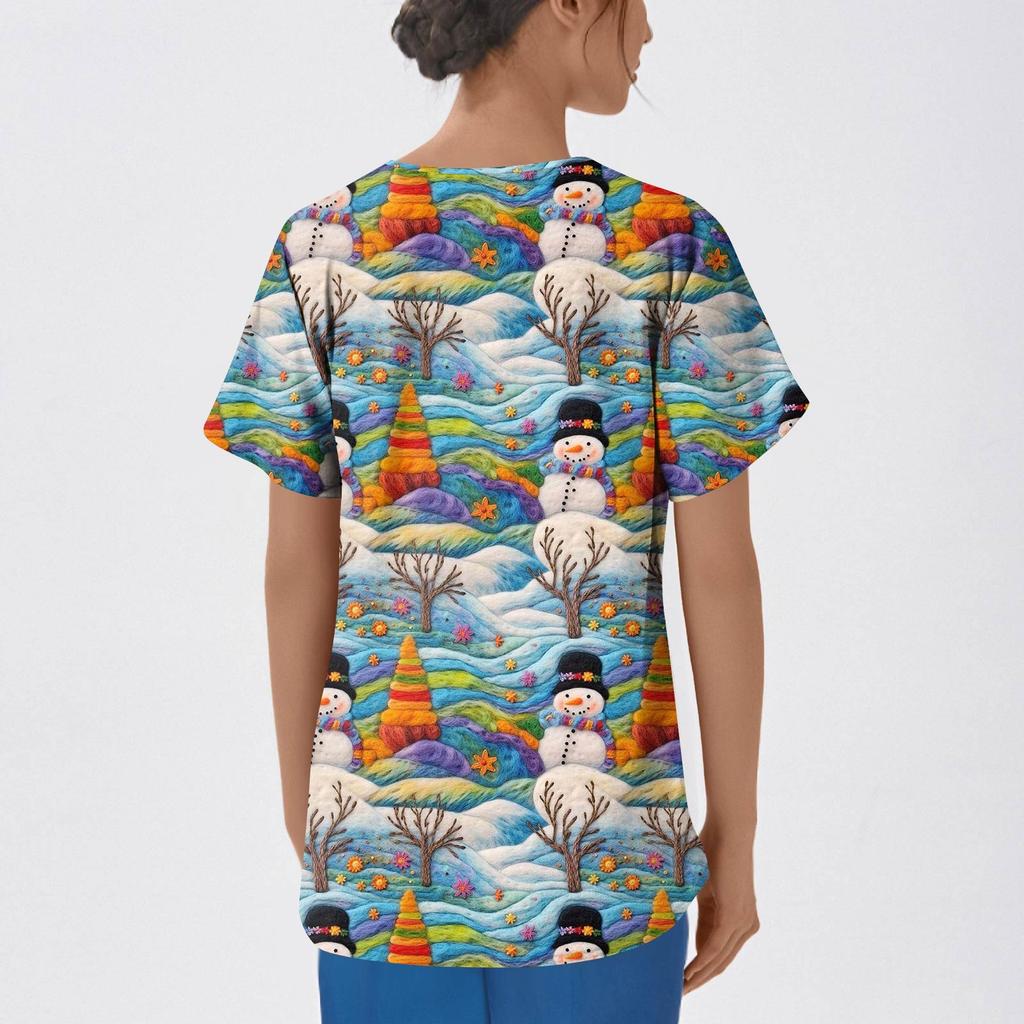 Women's Fashion Printed Short Sleeve V Neck Pattern Tops Pocket Working T-shirts