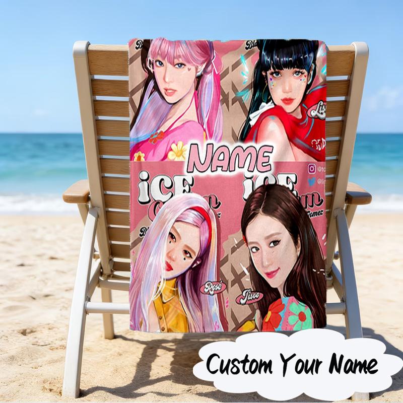 Custom Name Neon Kpop BP Microfiber Beach Towel Super Soft & Absorbent for Bath, Beach, Travel Bath Time Accessory, Fan Gifts