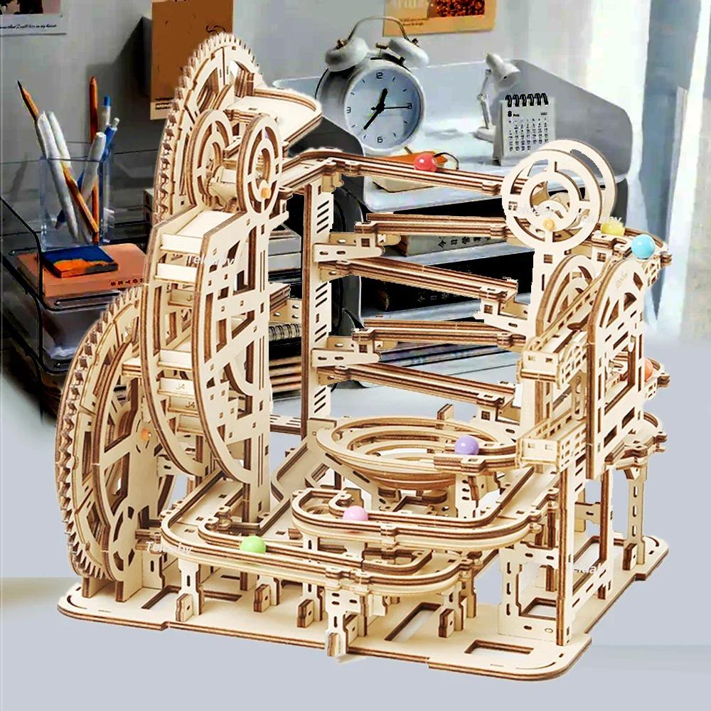 3D Wooden Puzzle Marble Run Set DIY Assemble Building Model Kits STEAM Educational Toys for Kids Adult Gifts, 3 Types