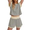 Women's Fashion Casual Round Neck Loose Striped Elastic Waist Shorts Set