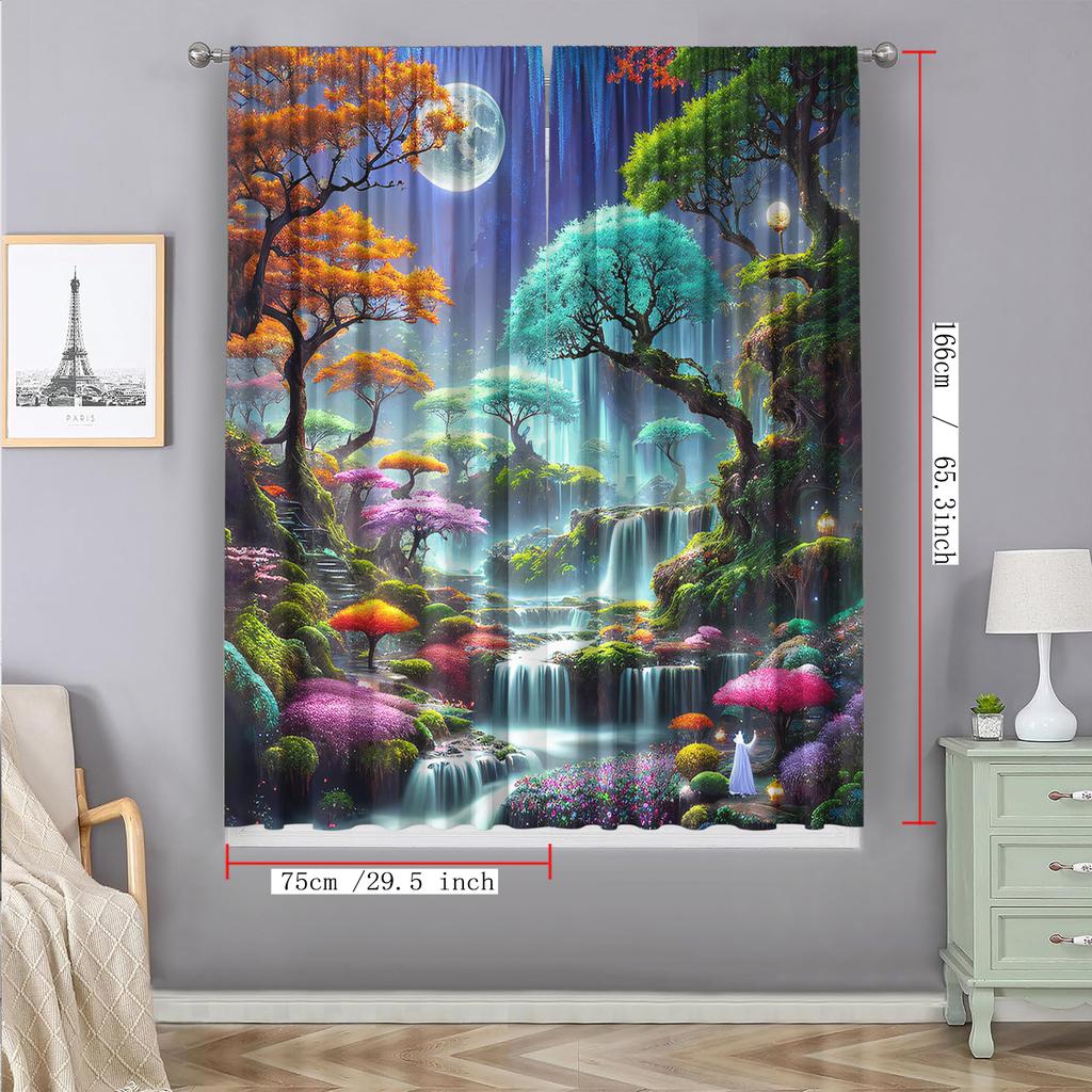 2PC Home Decoration Curtains, Dreamy City Background With Pole Pocket Curtains, Kitchen, Coffee Shop, Living Room, Balcony