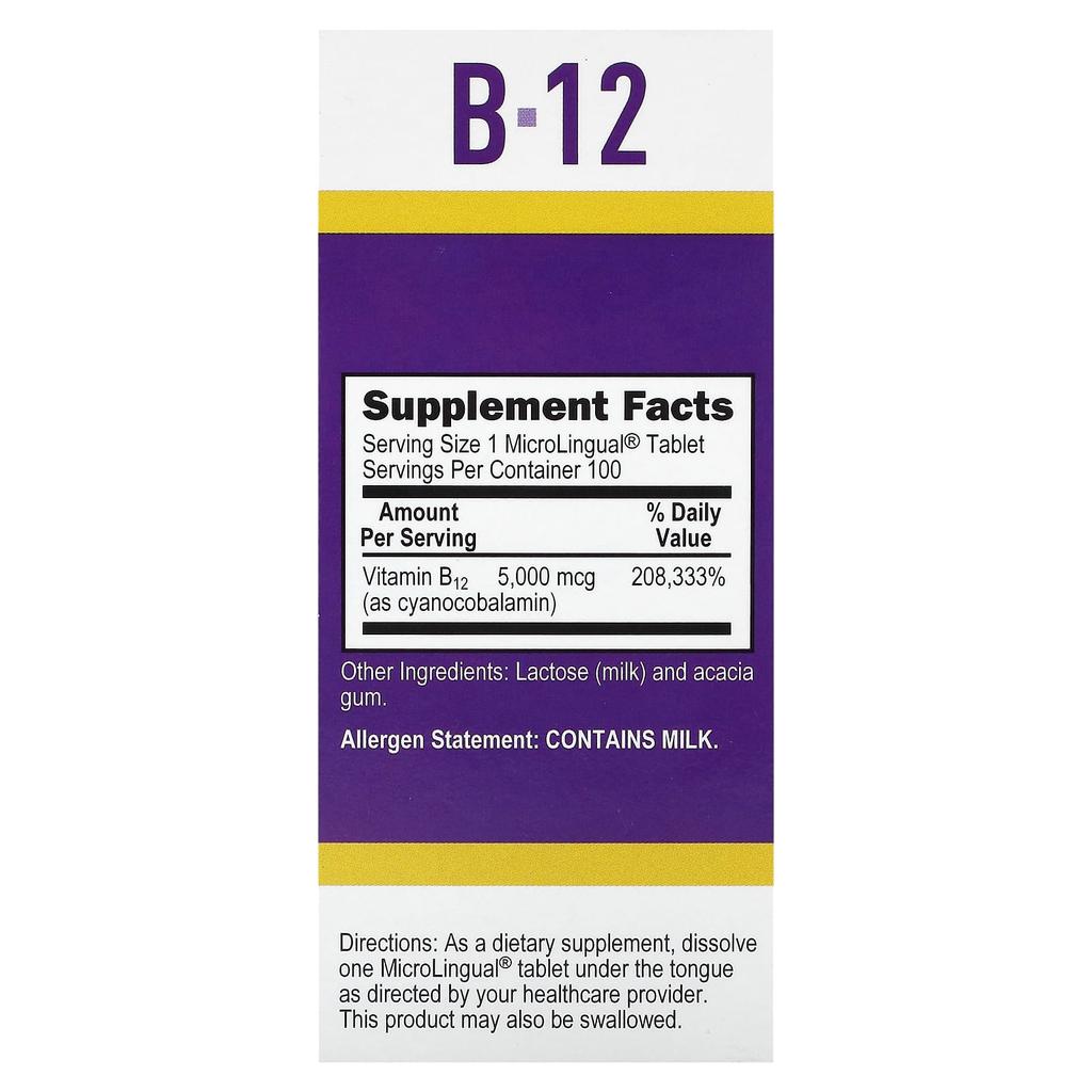 B-12 (Cyanocobalamin), 5,000Mcg, 100 Microlingual Tablets, Instant Dissolve
